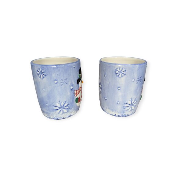Vintage Lotus Pottery Handpainted Blue 3D Snowman Ceramic Mugs 1998 Set of 2 - Picture 5 of 8